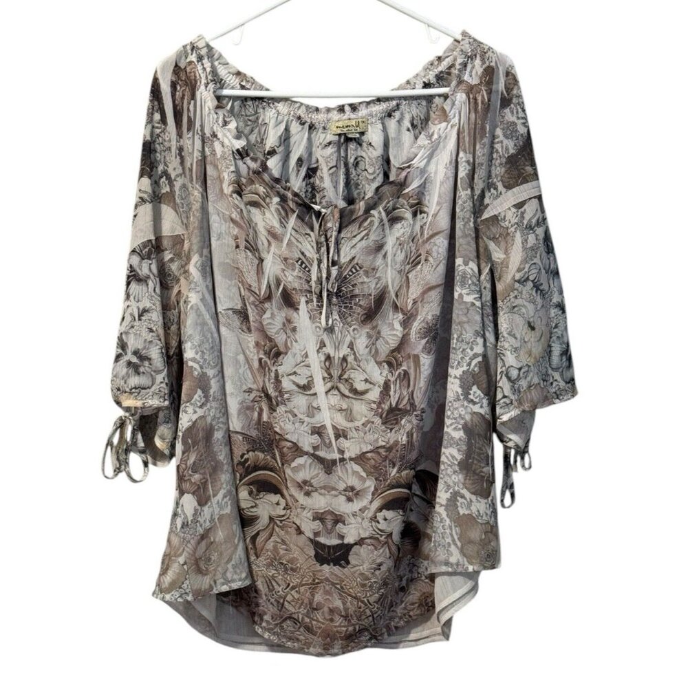 One World Live & Let Live Blouse Sz 1X Artsy Floral Lightweight Lined Tie Sleeve
